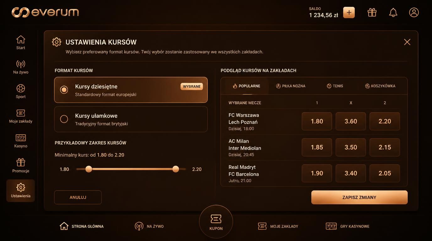 panel ustawień formatu kursów, kursy dziesiętne kontra inne