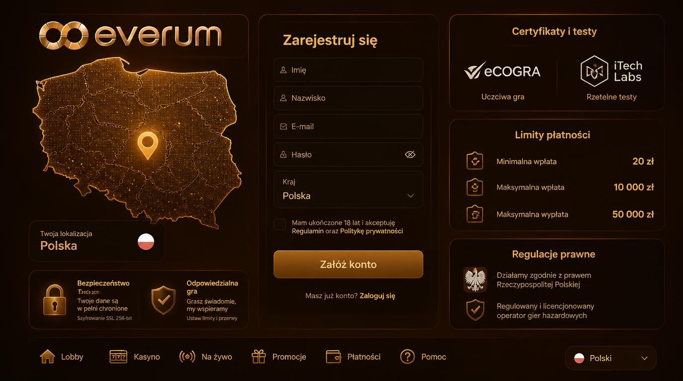 Mapa Polski z formularzem rejestracyjnym i ikonami certyfikatów bezpieczeństwa