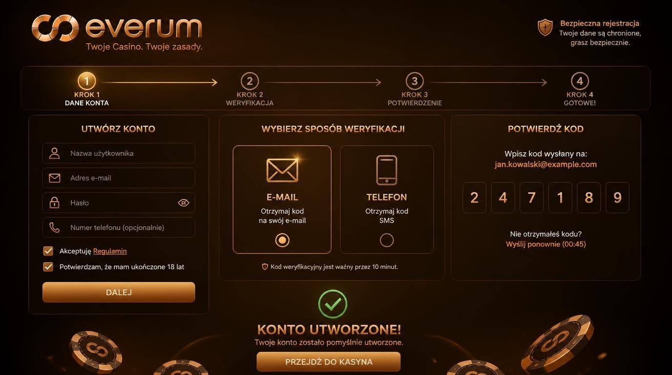 Schemat kolejnych kroków rejestracji, ikonki email i regulaminu