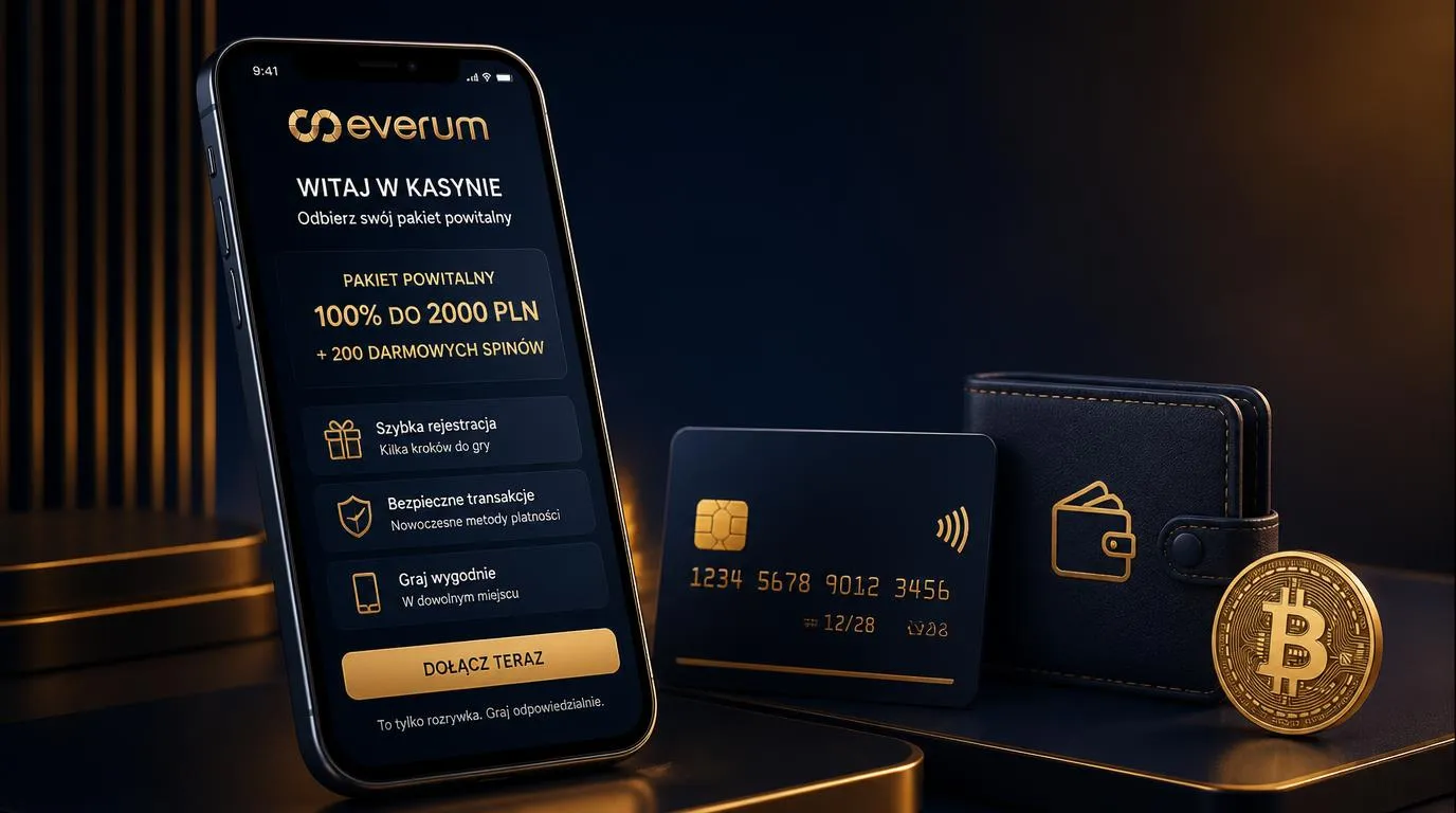 Telefon z widokiem oferty powitalnej obok karty płatniczej, portfela elektronicznego i symbolu kryptowaluty