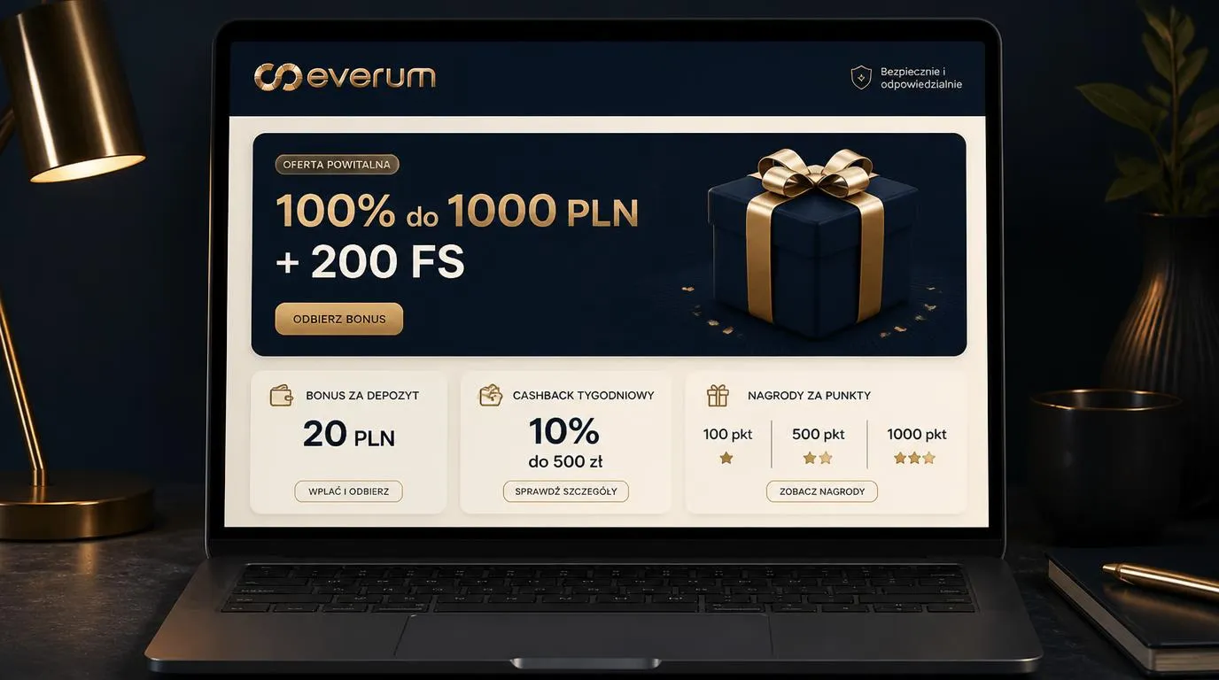 Ekran oferty powitalnej 100% do 1000 PLN i 200 FS obok kart cashbacku oraz nagród punktowych