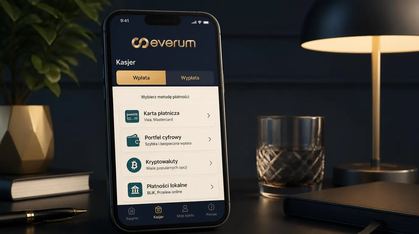 Mobilna kasa kasyna z widocznymi opcjami płatności kartą, portfelem elektronicznym i kryptowalutą